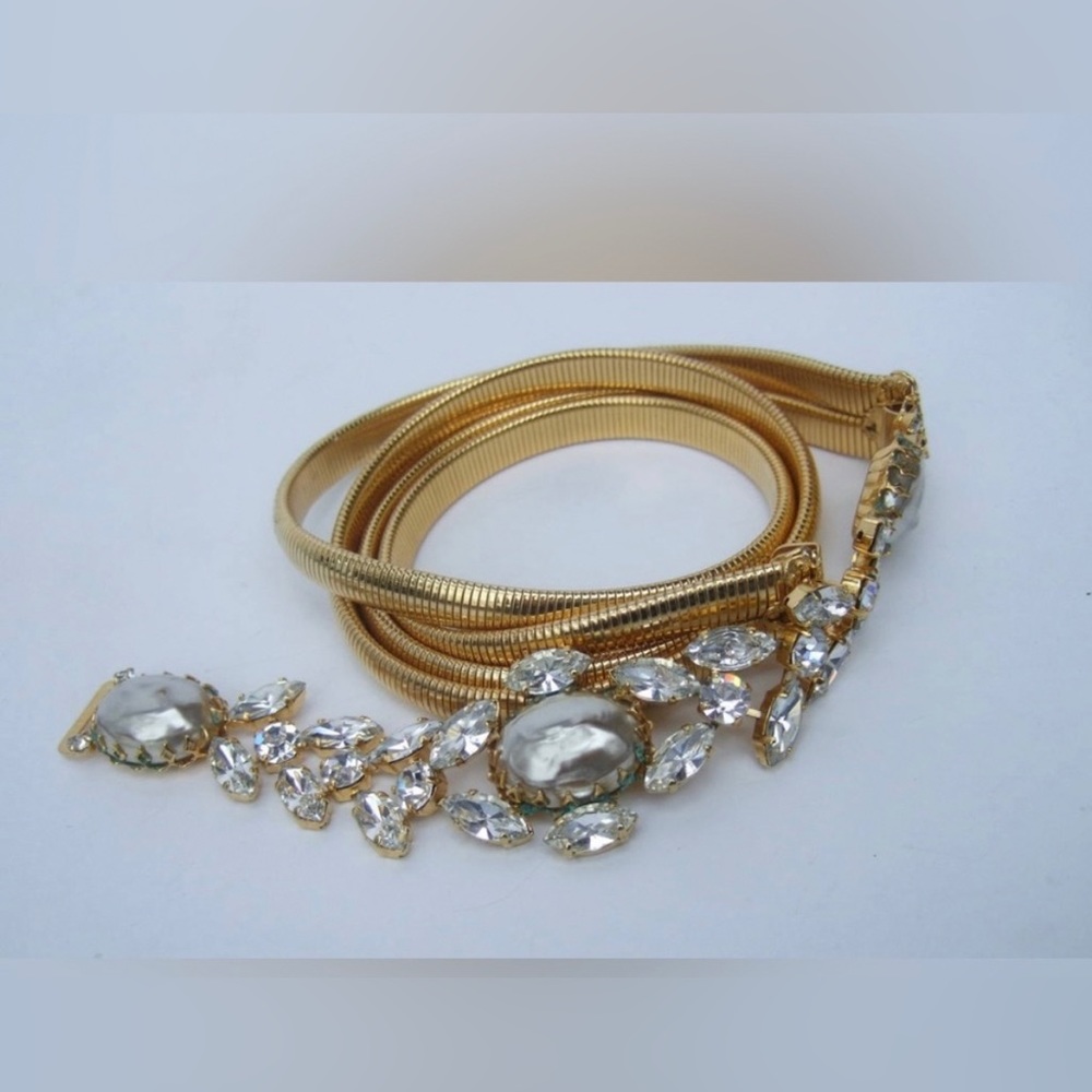 Crystal & Pearl Jeweled Gilt Metal Stretch Belt by Schreiner New York